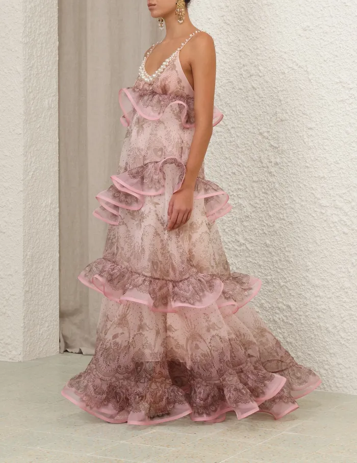 Women Zimmermann Dresses Crush Embellished Maxi Dress Pink Lace Print