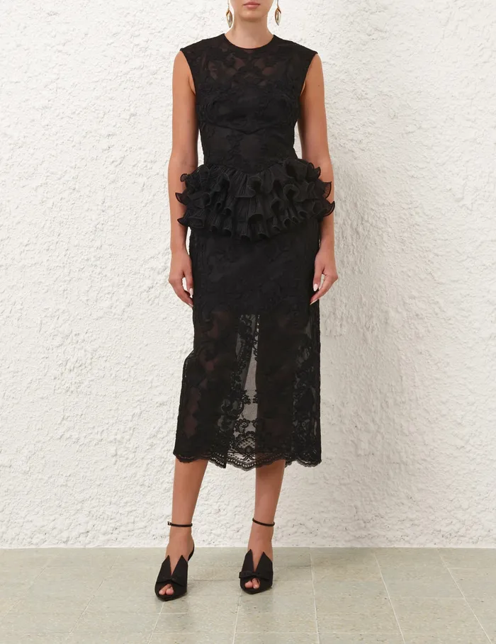 Women Zimmermann Dresses Crush Lace Frill Midi Dress Black
