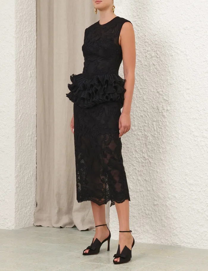 Women Zimmermann Dresses Crush Lace Frill Midi Dress Black