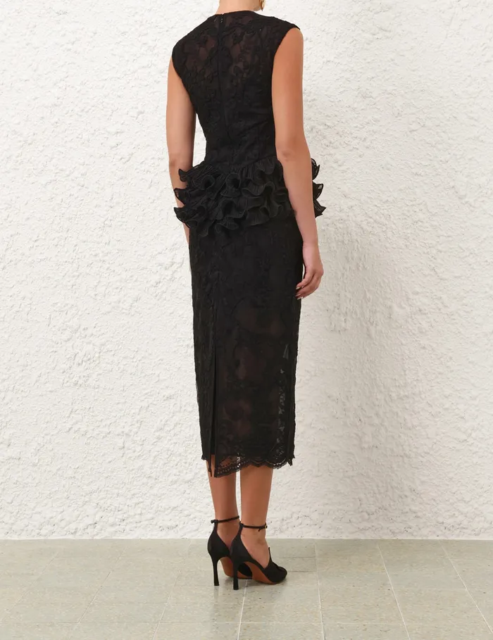 Women Zimmermann Dresses Crush Lace Frill Midi Dress Black