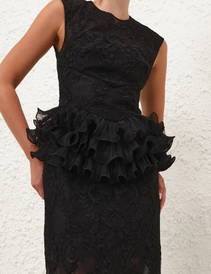 Women Zimmermann Dresses Crush Lace Frill Midi Dress Black