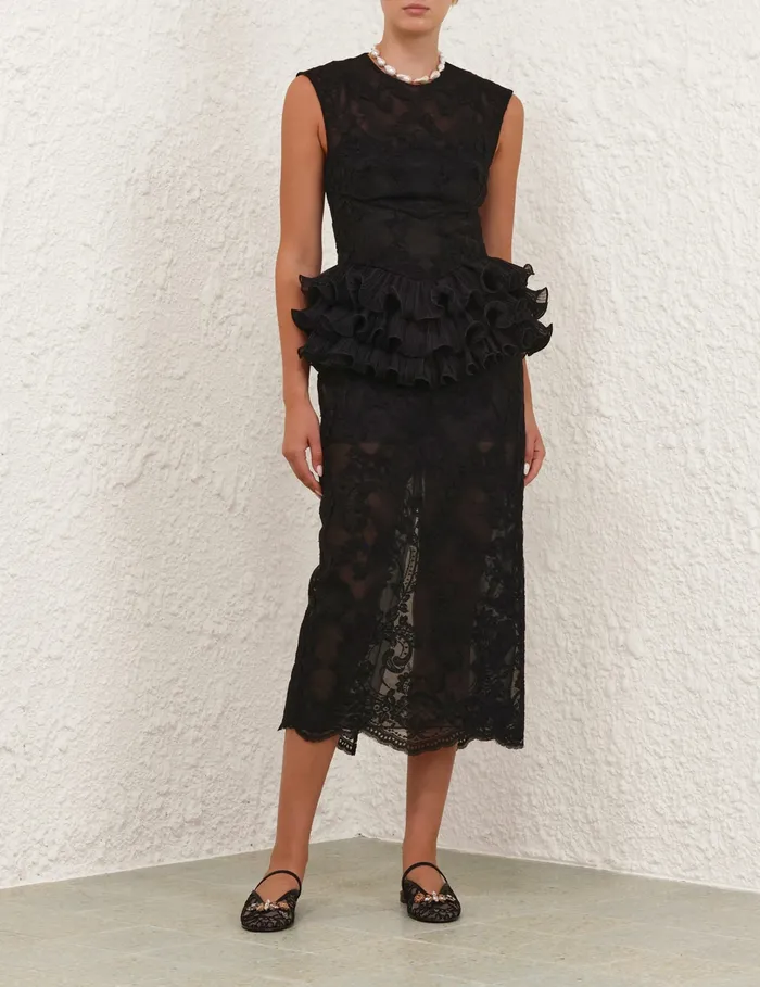 Women Zimmermann Dresses Crush Lace Frill Midi Dress Black