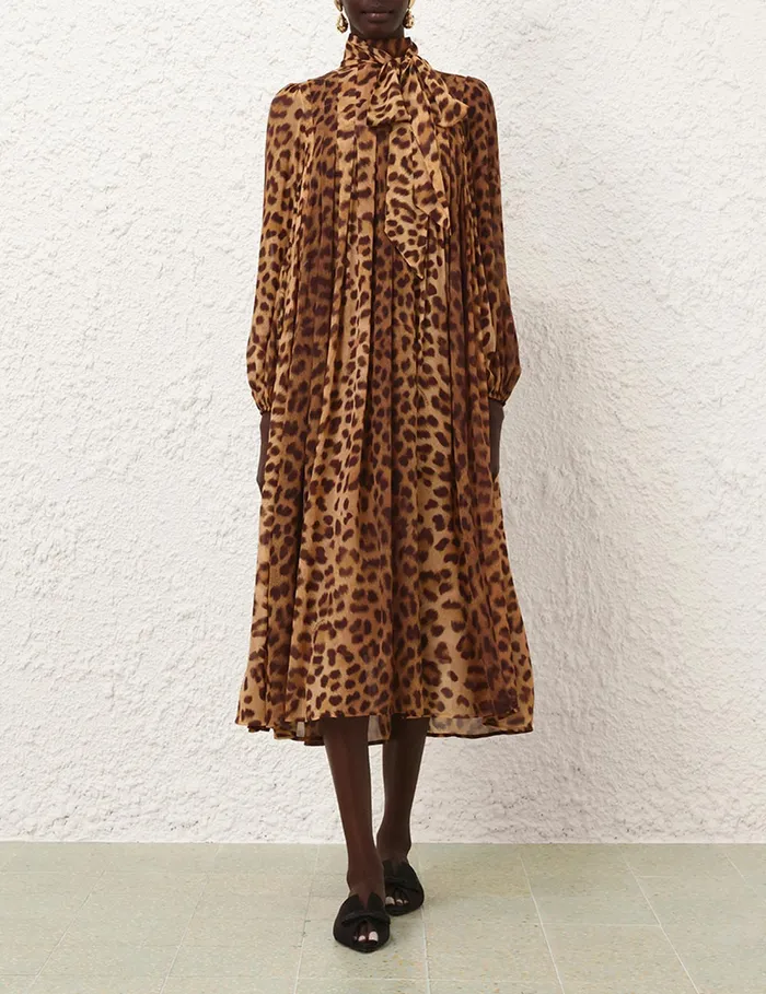 Women Zimmermann Dresses Crush Tie Neck Midi Dress Leopard
