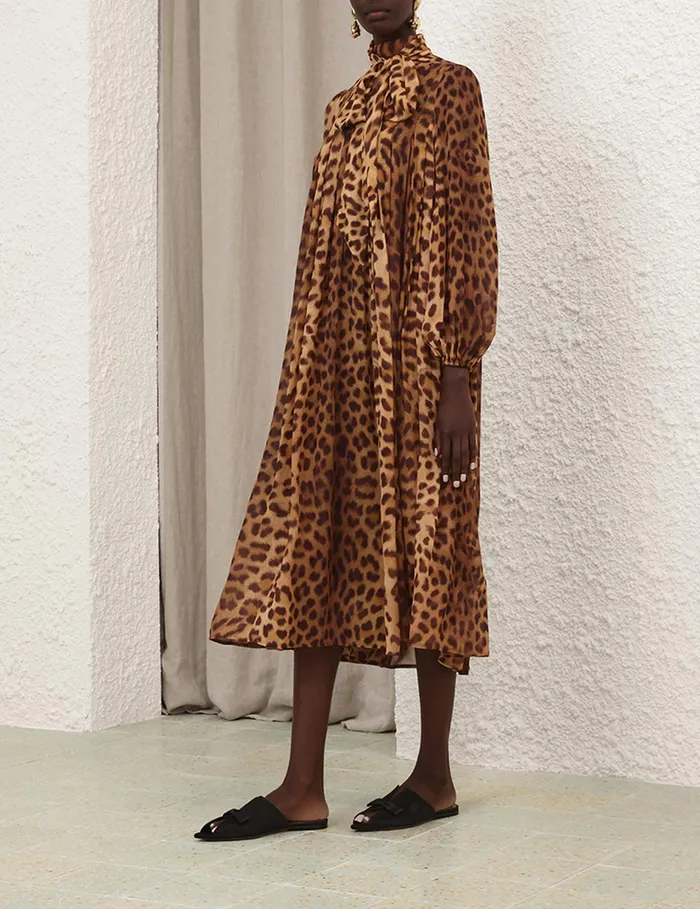 Women Zimmermann Dresses Crush Tie Neck Midi Dress Leopard