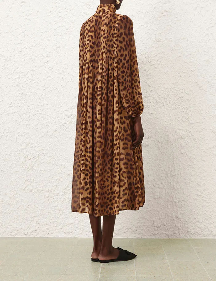 Women Zimmermann Dresses Crush Tie Neck Midi Dress Leopard