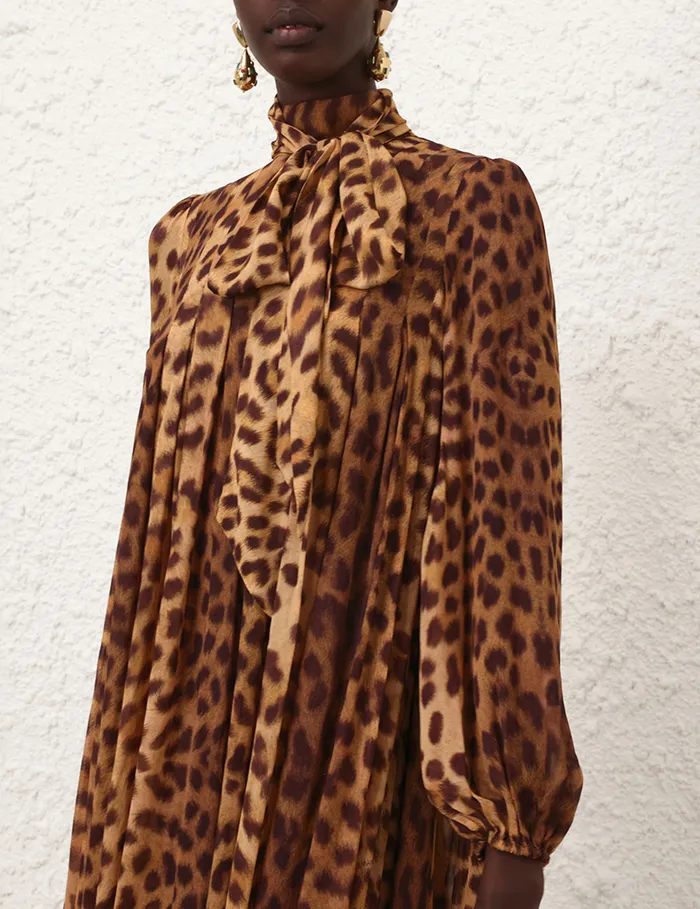 Women Zimmermann Dresses Crush Tie Neck Midi Dress Leopard