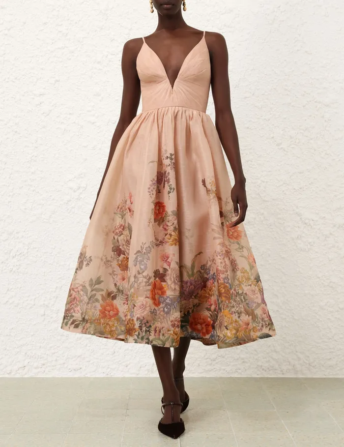 Women Zimmermann Dresses Pavilion V Neck Midi Dress Peach Multi Floral