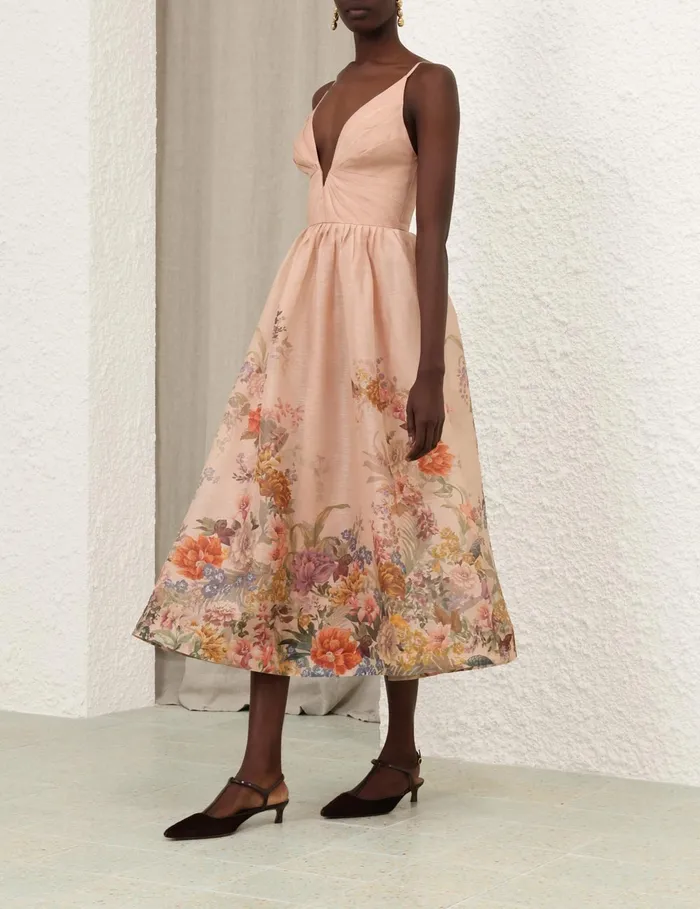 Women Zimmermann Dresses Pavilion V Neck Midi Dress Peach Multi Floral