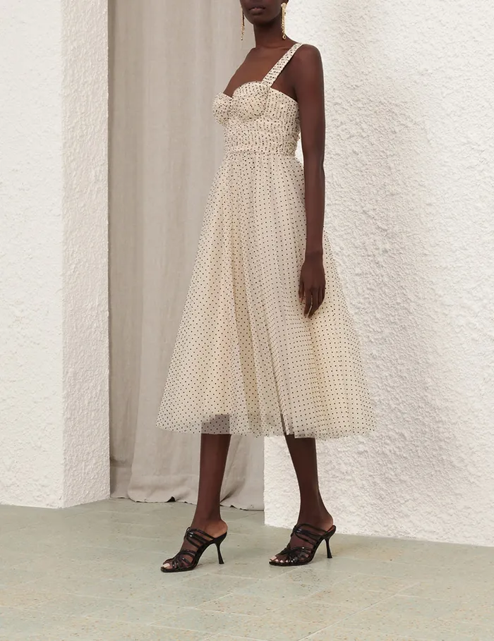 Women Zimmermann Dresses Tulle Midi Dress Creamblack Dot