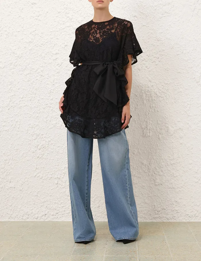 Women Zimmermann Tops Crush Lace Frill Tunic Black
