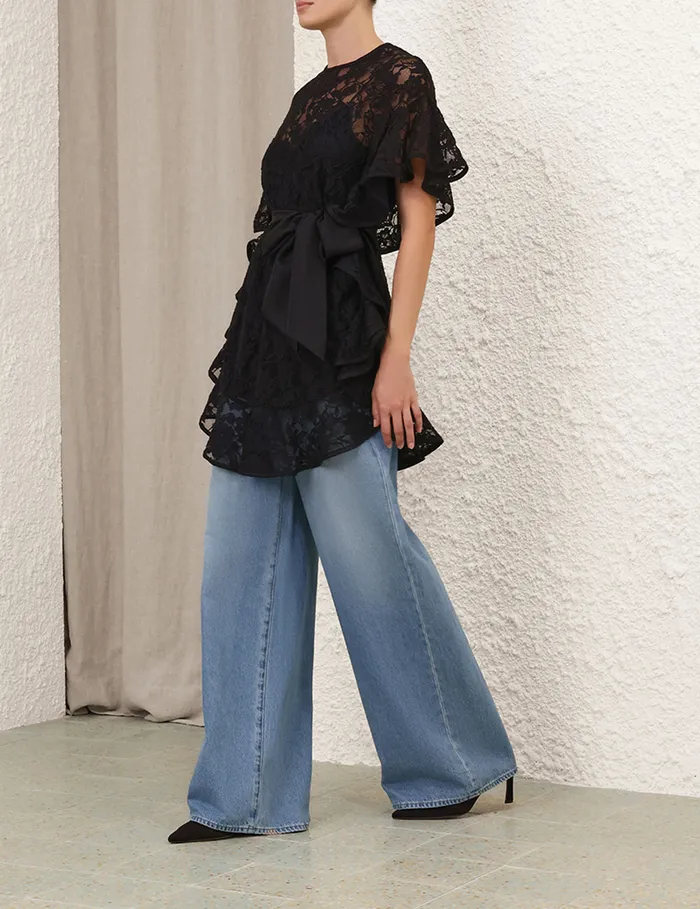 Women Zimmermann Tops Crush Lace Frill Tunic Black