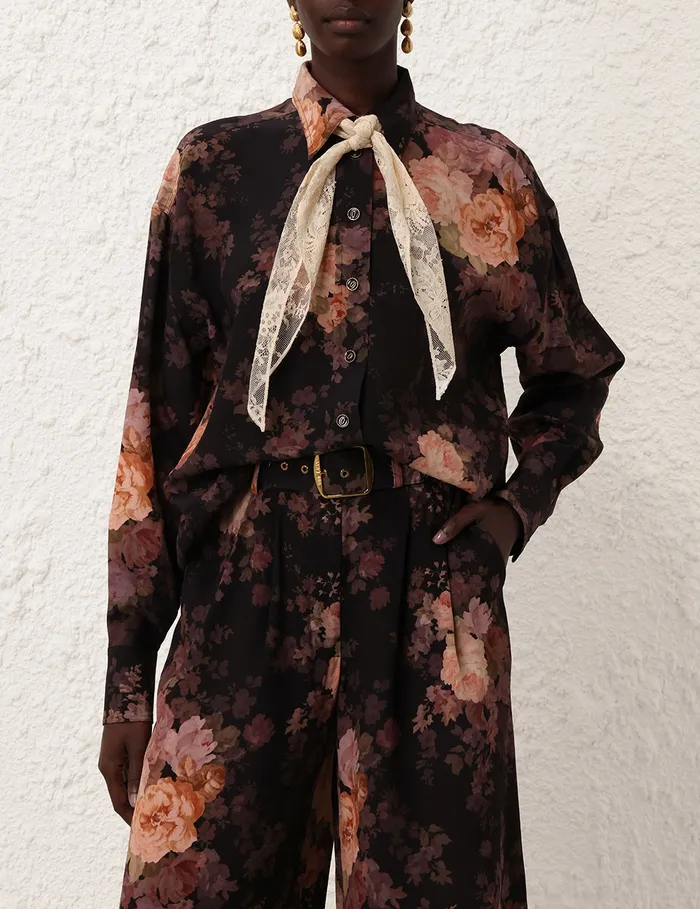 Women Zimmermann Tops Illustration Lace Scarf Shirt Black Rococo Floral