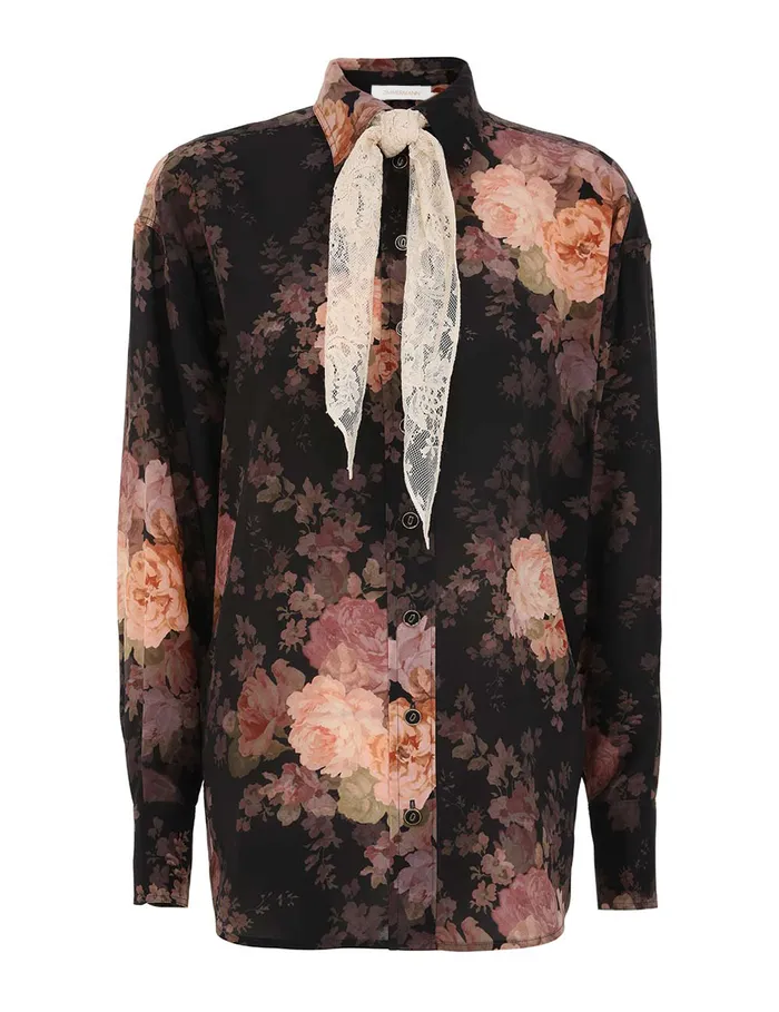 Women Zimmermann Tops Illustration Lace Scarf Shirt Black Rococo Floral