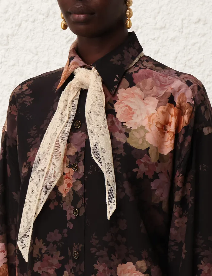 Women Zimmermann Tops Illustration Lace Scarf Shirt Black Rococo Floral