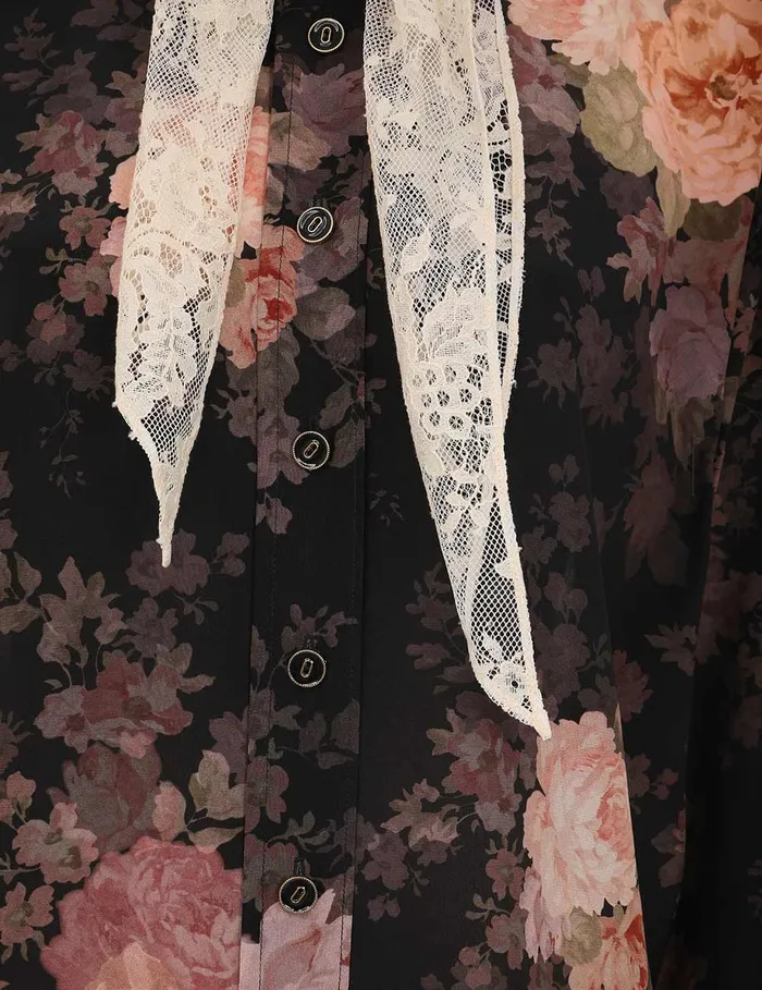 Women Zimmermann Tops Illustration Lace Scarf Shirt Black Rococo Floral