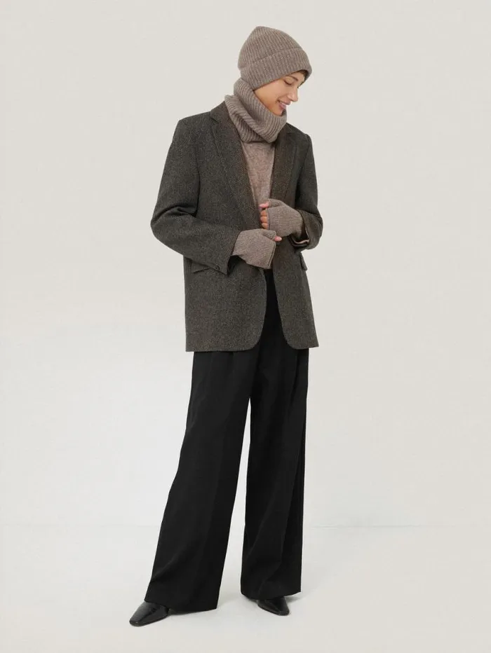 Wool Cashmere Blend Mittens Oatmeal Women Jigsaw Hats and Gloves