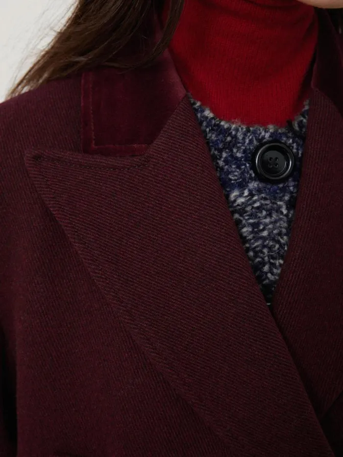 Wool Double Breasted Overcoat Burgundy Women Jigsaw Coats and Jackets