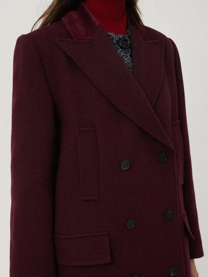 Wool Double Breasted Overcoat Burgundy Women Jigsaw Coats and Jackets
