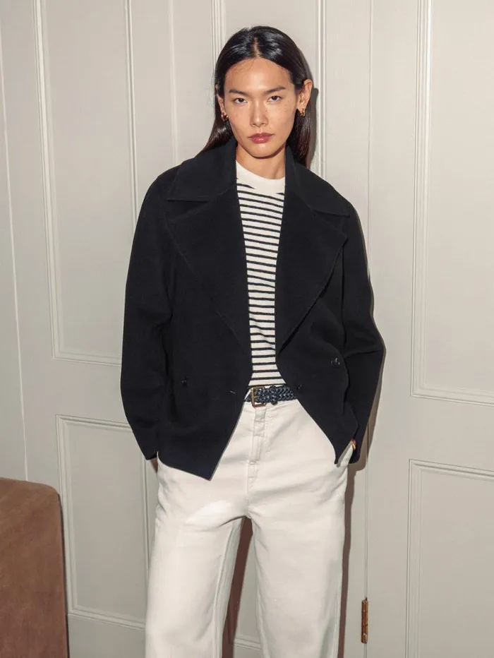 Wool Double Faced Short Coat Black Women Jigsaw Coats and Jackets