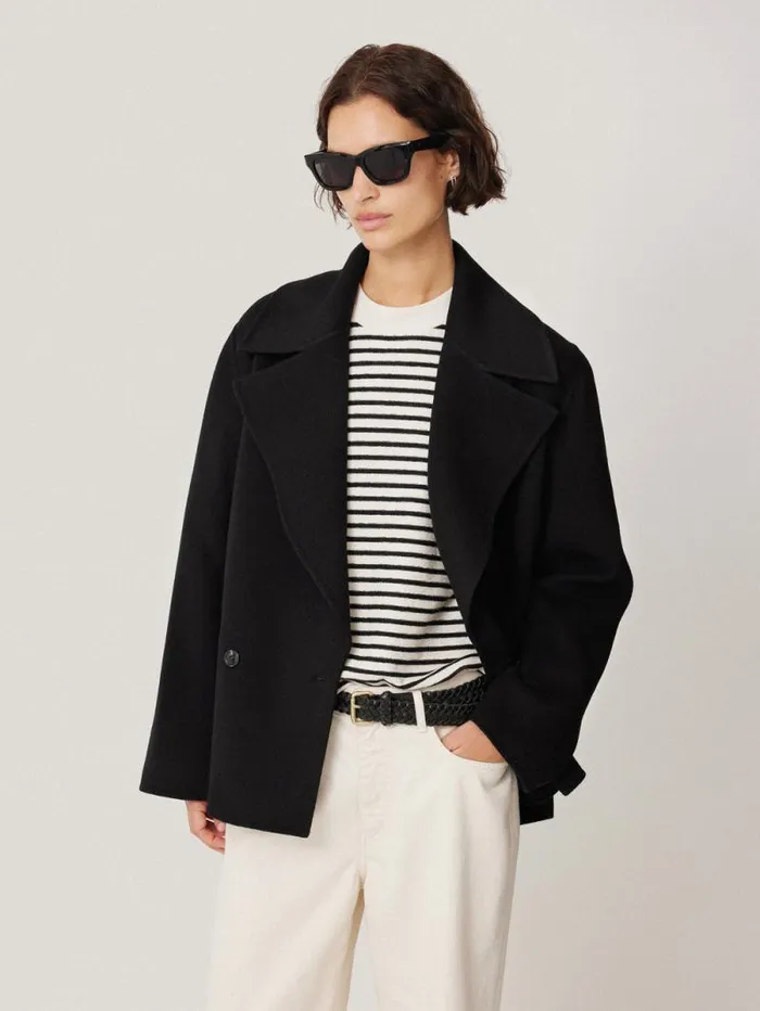 Wool Double Faced Short Coat Black Women Jigsaw Coats and Jackets