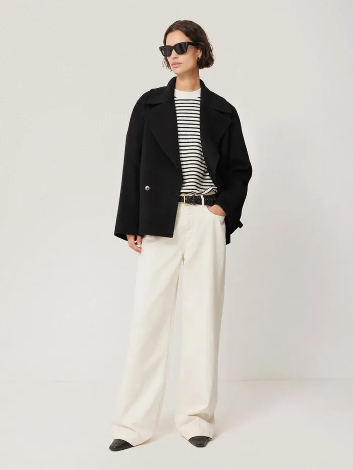 Wool Double Faced Short Coat Black Women Jigsaw Coats and Jackets
