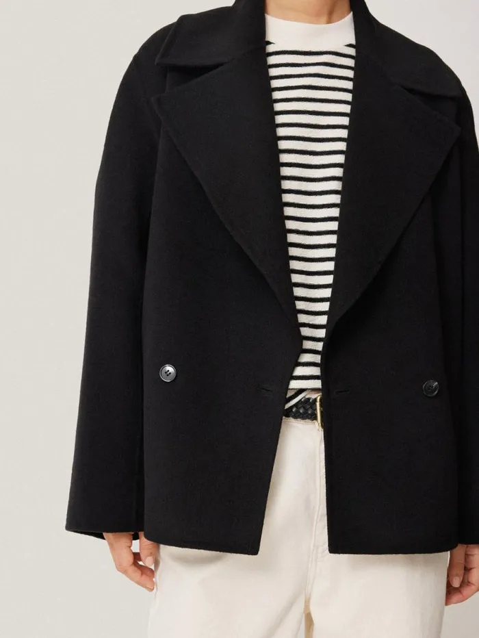 Wool Double Faced Short Coat Black Women Jigsaw Coats and Jackets