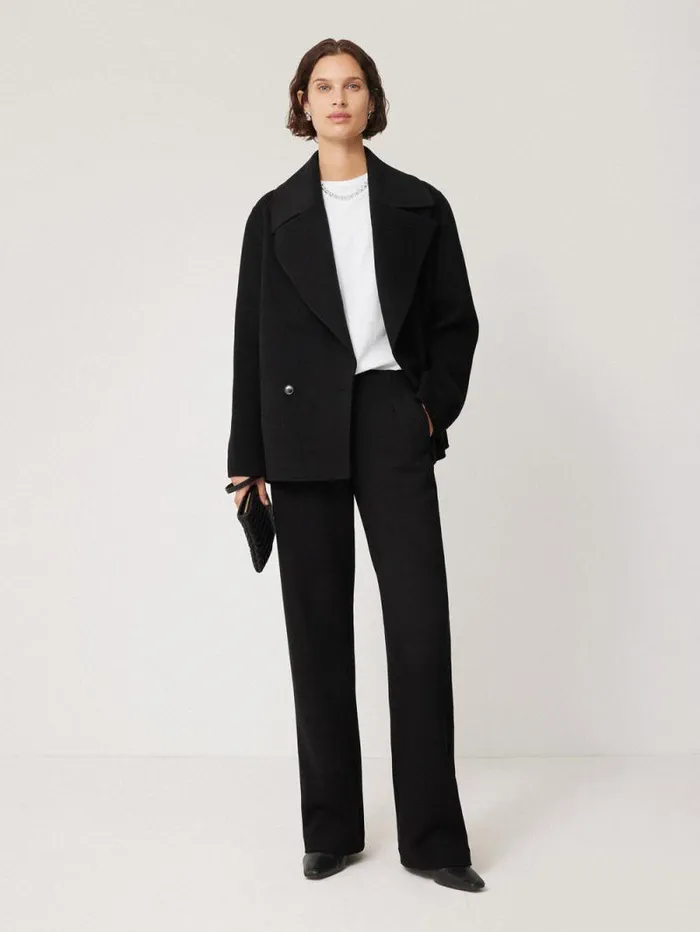 Wool Double Faced Short Coat Black Women Jigsaw Coats and Jackets