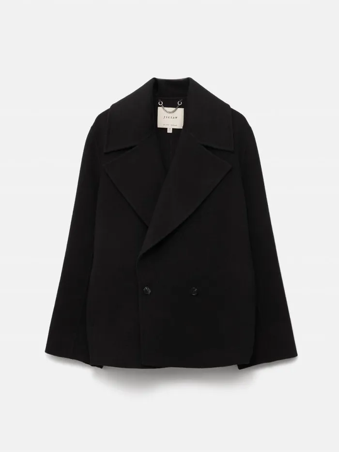 Wool Double Faced Short Coat Black Women Jigsaw Coats and Jackets