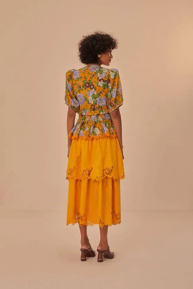 Yellow Mustard Tiered Lace Midi Skirt Women FARM Rio Skirts