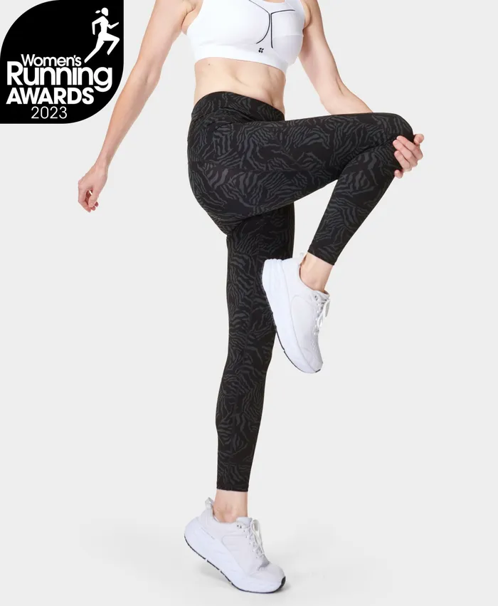 Zero Gravity 78 Running Leggings Grey Zebra Check Print Pocketed Sweaty Betty Women